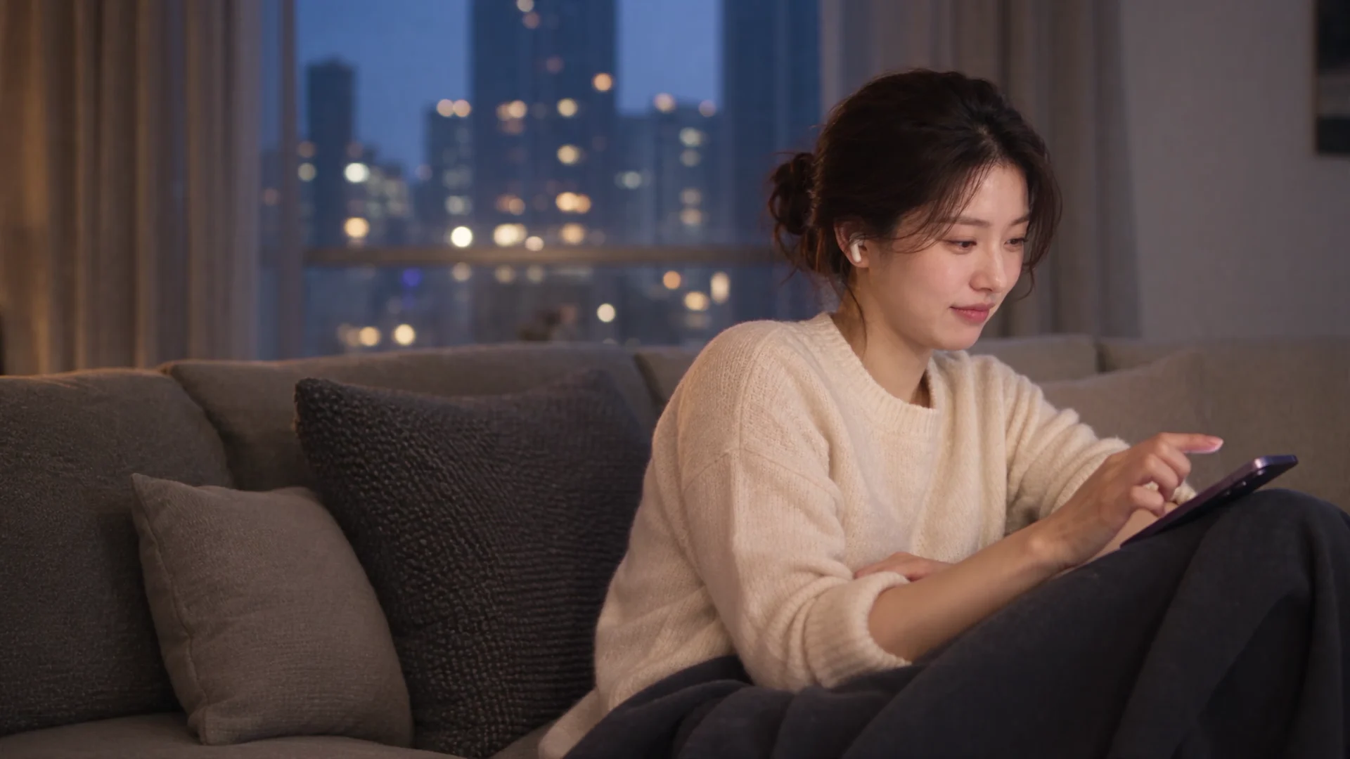 이어폰으로 대화하며 상대를 알아가는 텐밋의 AI 제작 광고 장면